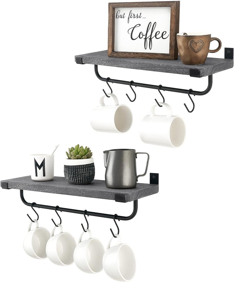 Mkono Mug Holder Wall Mounted Coffee Mug Rack Set of 2 Rustic Floating Shelf for Coffee Bar Accessories Wood Tea Cup Hooks Hanger for Organizing Cooking Utensils, Home Kitchen Decor, Grey - Image 1